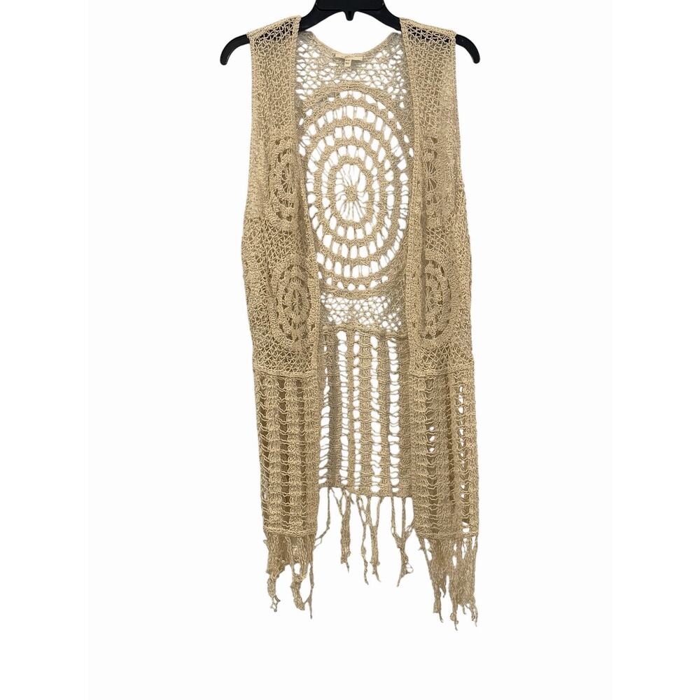 Women's Mystree Crochet Knit Open Cardigan Fringe One Size Festival Western Boho